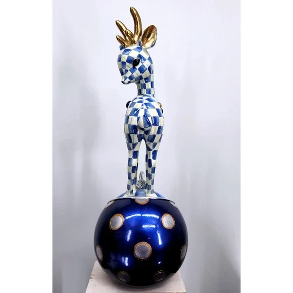 Mackenzie-Childs Royal Check Deary Deer on Ornament - Gold Antlers Holiday 16" - Picture 7 of 16